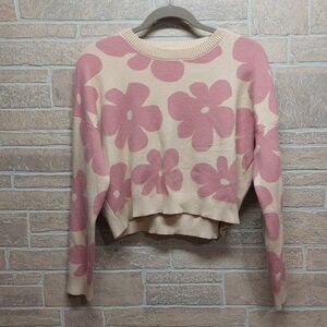 Debut Dusty Pink Cropped Super Soft Knit Sweater Daisy Flower Pattern Medium